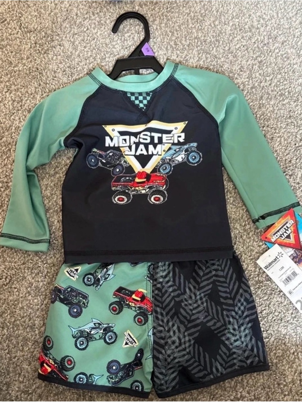 Kids' Green & Black monster jam Rash Guard Swim Set